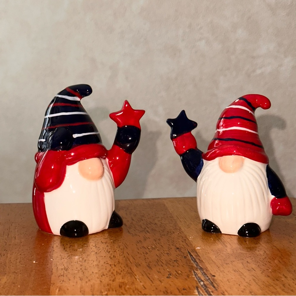 TAG Patriotic Gnomes Red White & Blue Ceramic Salt & Pepper Shakers BRAND NEW!